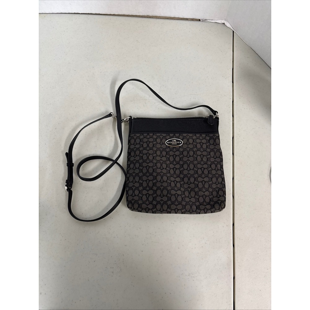 Coach Signature Jacquard Crossbody Bag Grey Black Leather‎ F1432 52576 Messenger